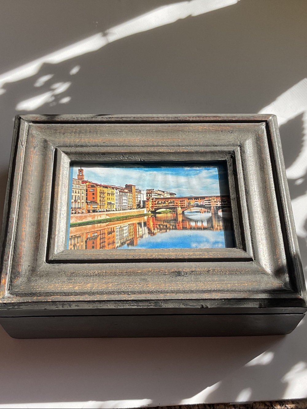 Rustic Wooden Picture Frame Jewelry Box with Cityscape Print